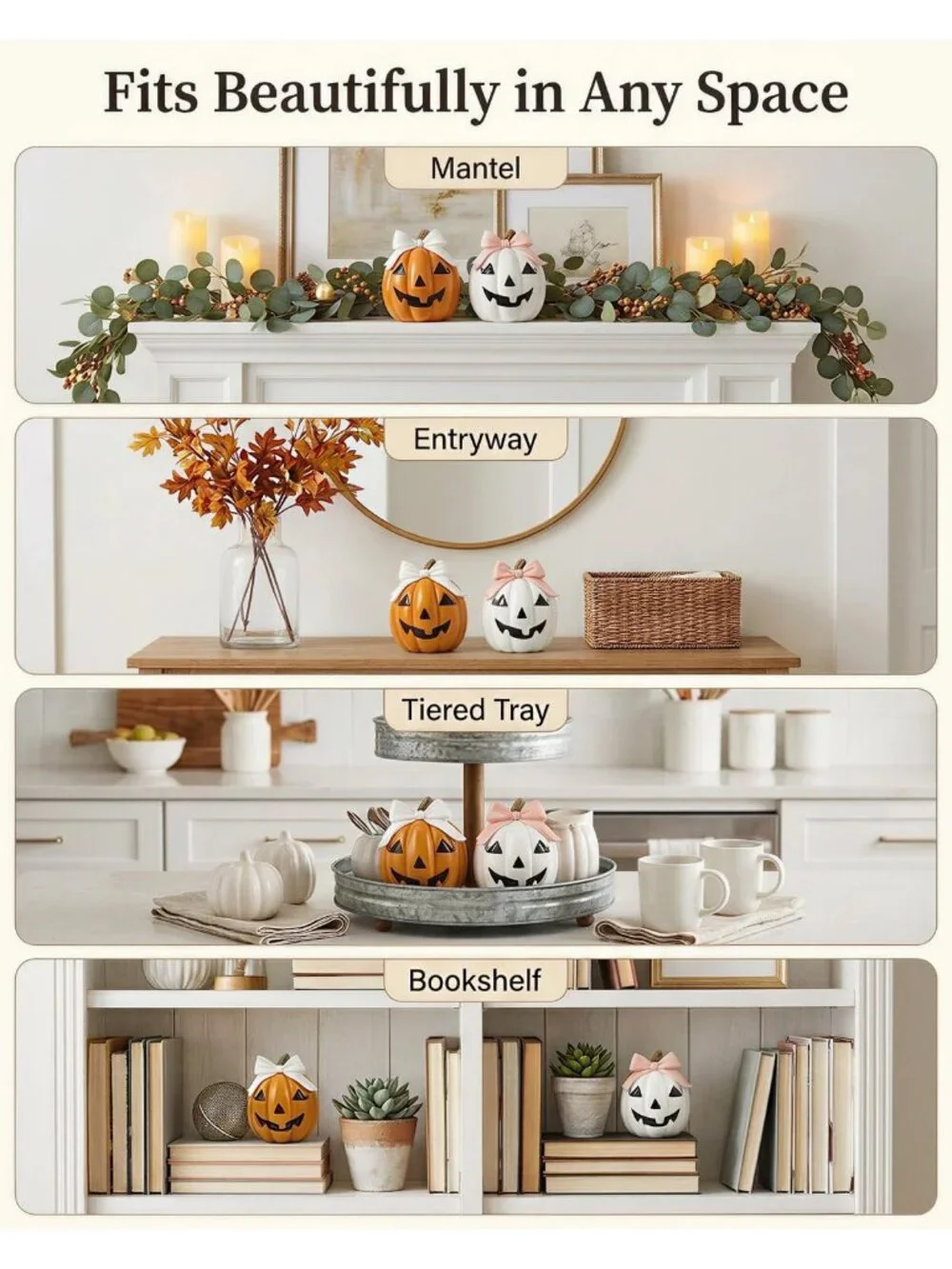 Bowknot Pumpkin Orange White Set 2 Figurines Hand Painted Resin Halloween Décor